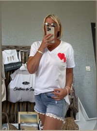 T-shirt cœurs corail fluo