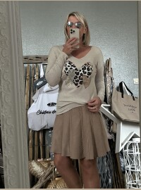 Pull fin cœurs léopard lurex beige