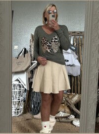 Pull fin cœurs léopard lurex kaki