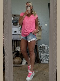 T-shirt lin pailleté rose fluo