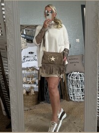 Pochette cuir frangée taupe