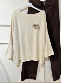 Pull mini cœurs léopard écru