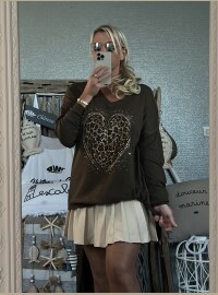 Pull coeur léopard strass chocolat