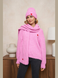 Ensemble pull bonnet écharpe rose