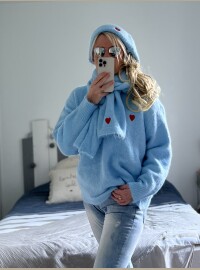 Ensemble pull bonnet écharpe bleu