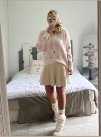 Pull cœurs losanges écru rose