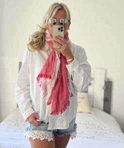 Écharpe frangée framboise blanc