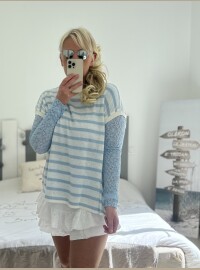 Pull fin marinière lurex bleu