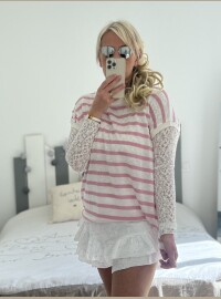 Pull fin marinière lurex rose