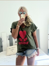 T-shirt amour kaki rose fluo