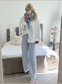 Pantalon gaze rayures bleu