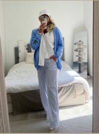 Pantalon gaze rayures bleu